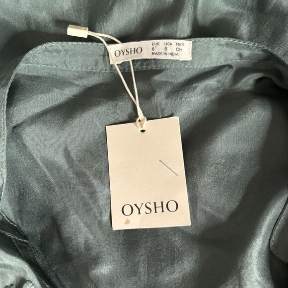 Oysho Silk Embroidered Kaftan Dress Size S Green V Neck Light Slightly Sheer NEW - Picture 8 of 10